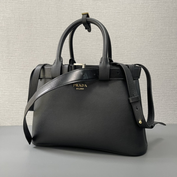 Pra*a buckle large leather handbag with belt-32*23*11cm