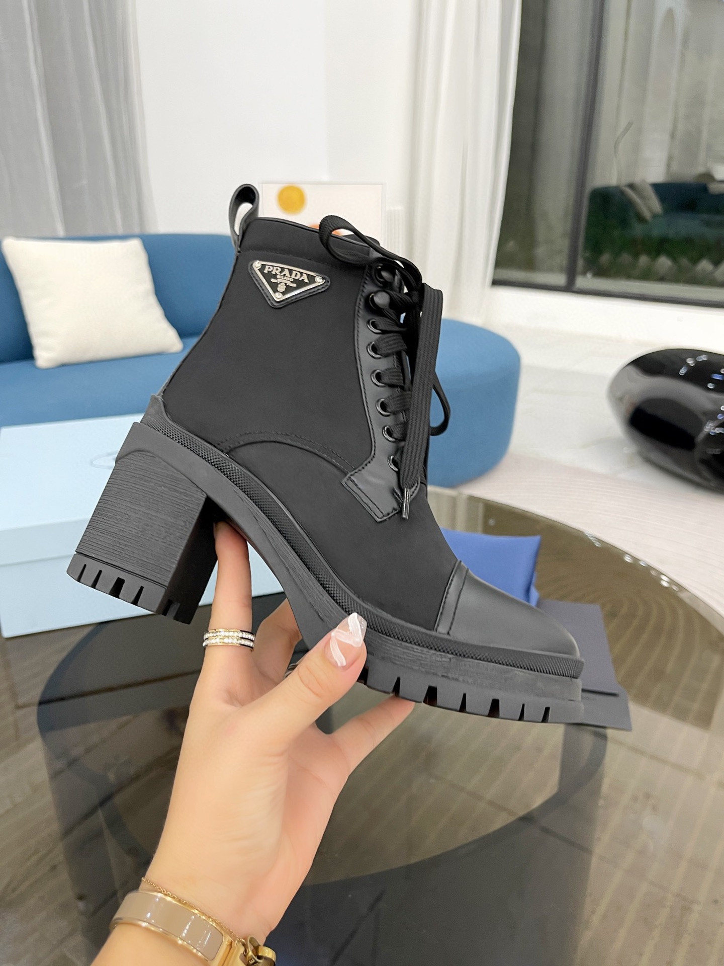 Pra*a brushed leather and nylon laced booties